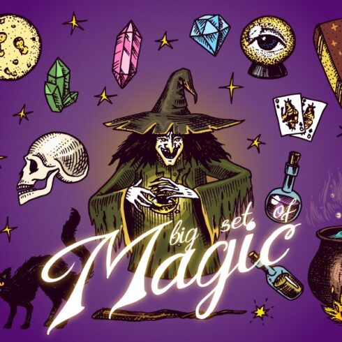 Magic ball. Witch with book of spell cover image.