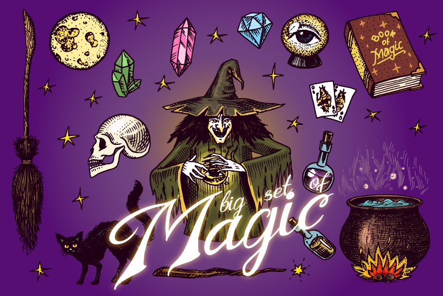 Magic ball. Witch with book of spell cover image.