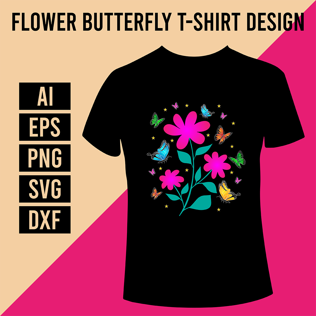 Flower Butterfly T-Shirt Design cover image.