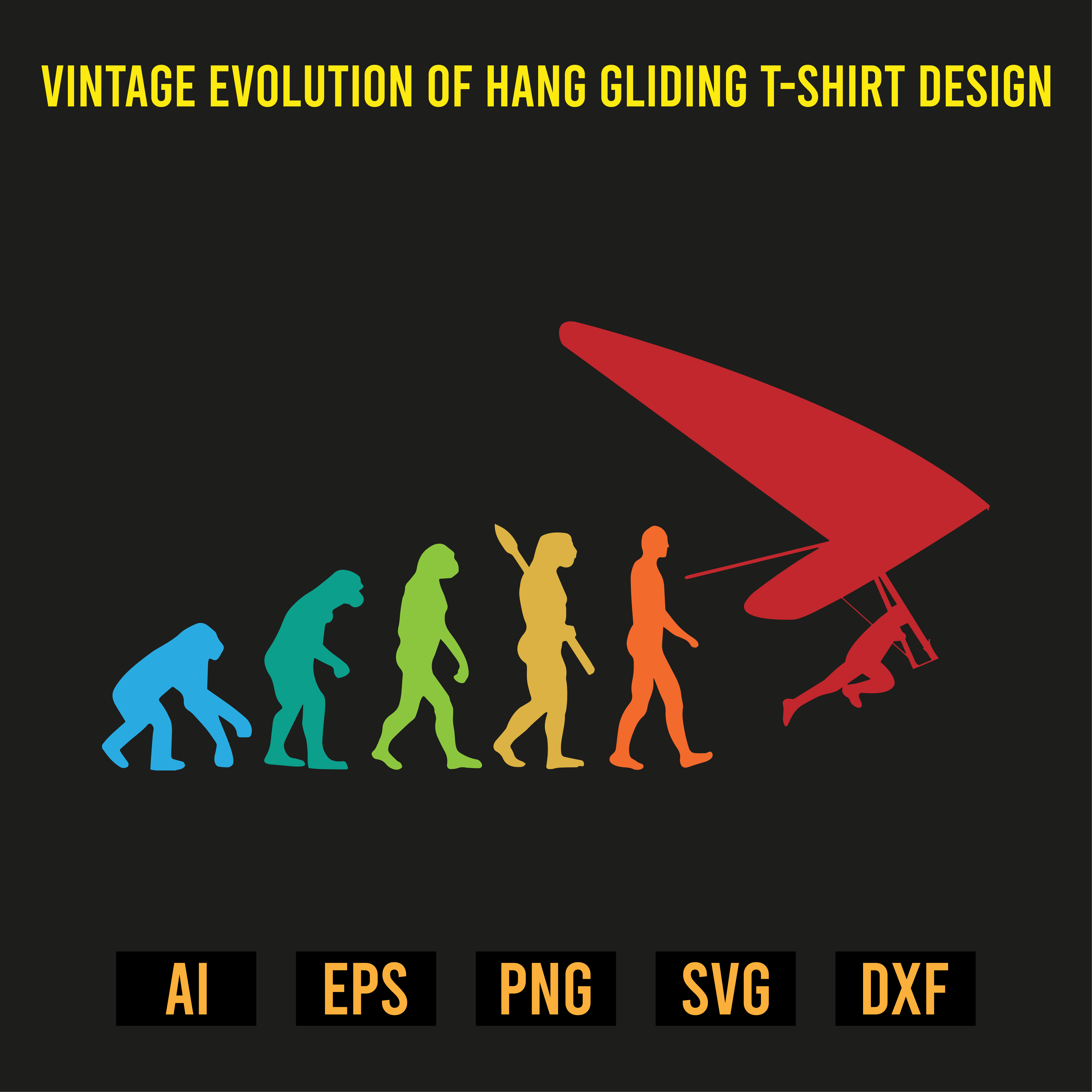 Vintage Evolution of Hang Gliding T-Shirt Design preview image.