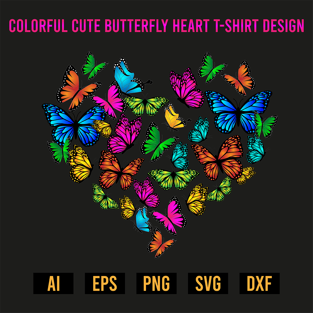 Colorful Cute Butterfly Heart T-Shirt Design preview image.