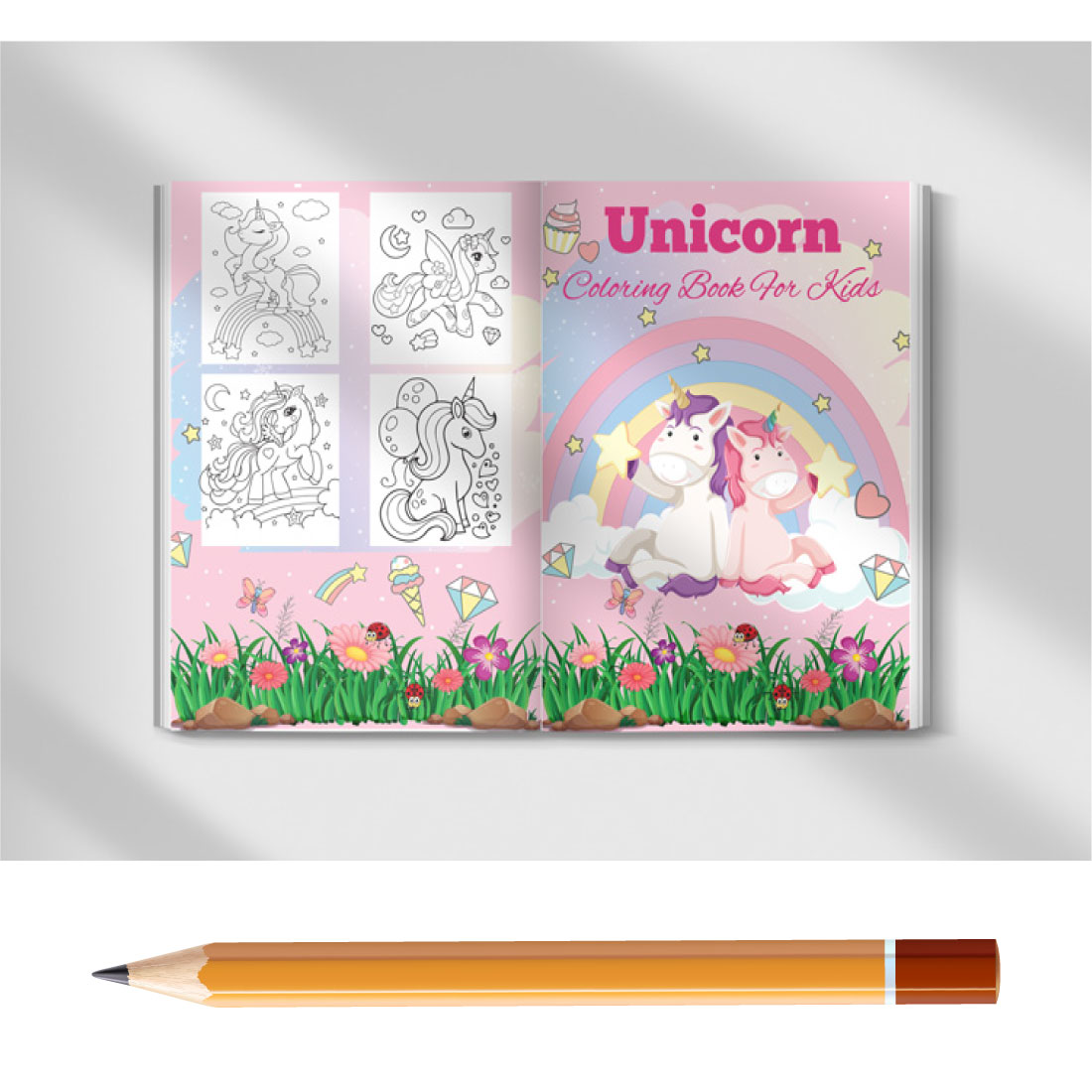 Unicorn coloring book cover design preview image.