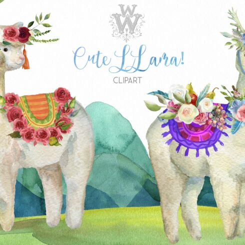 Cute watercolor llama alpaca clipart cover image.
