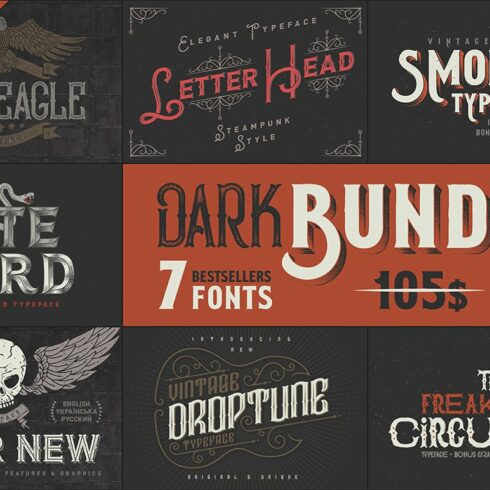 Dark Bundle: 7 Bestseller Fonts cover image.