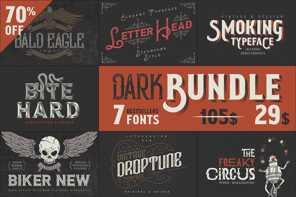 Dark Bundle: 7 Bestseller Fonts cover image.