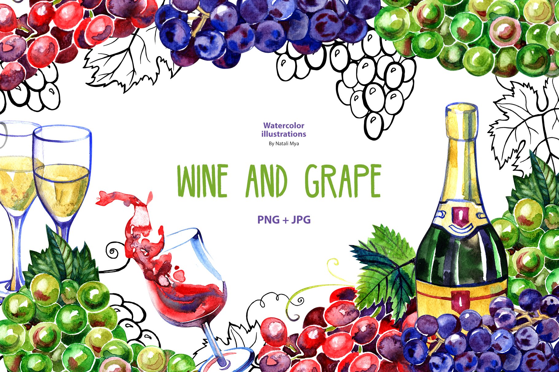 Watercolor wine and grape cover image.