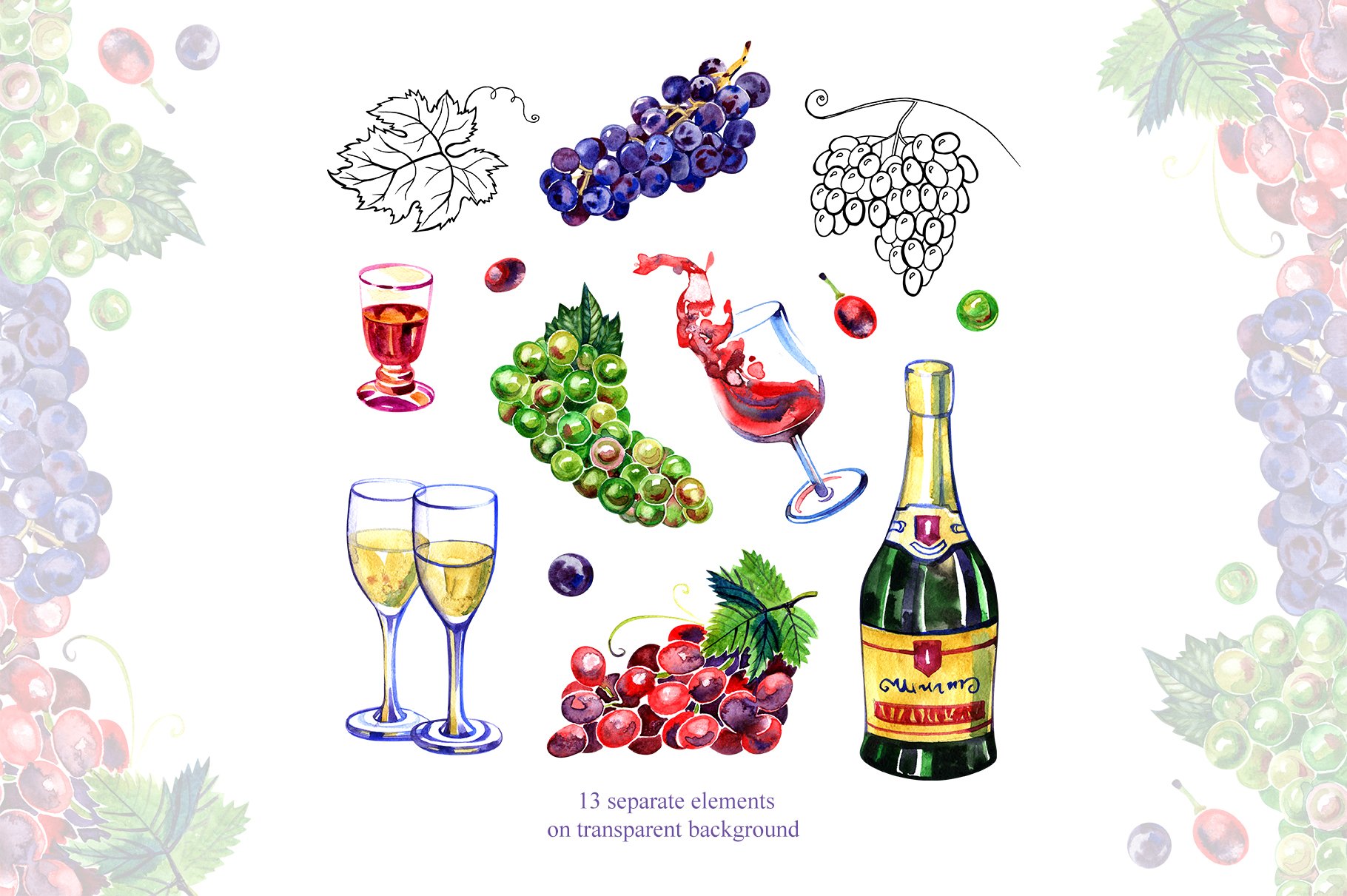 Watercolor wine and grape preview image.