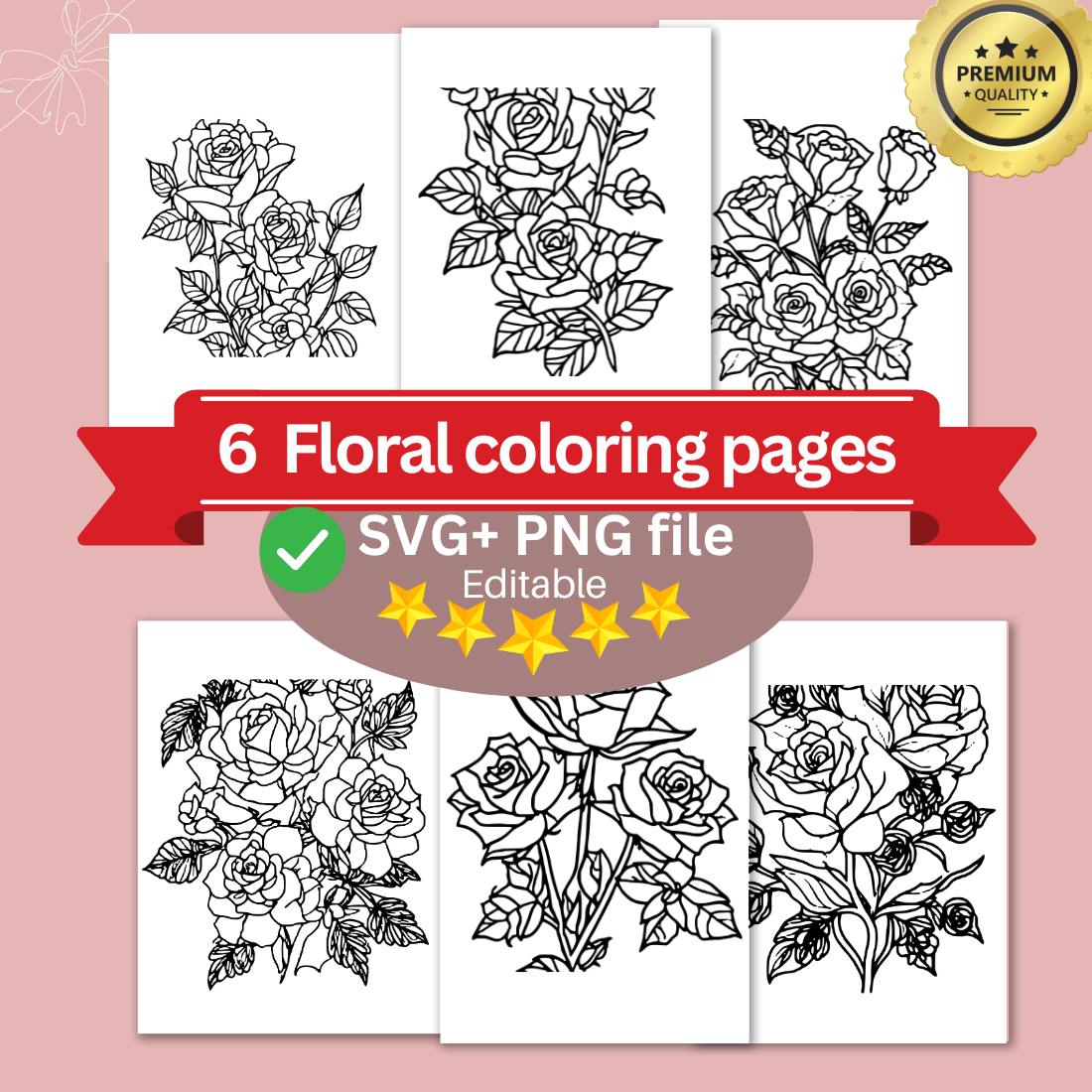 6 Rose Drawing Floral Coloring Pages with butterflies For Adults (SVG and PNG) cover image.