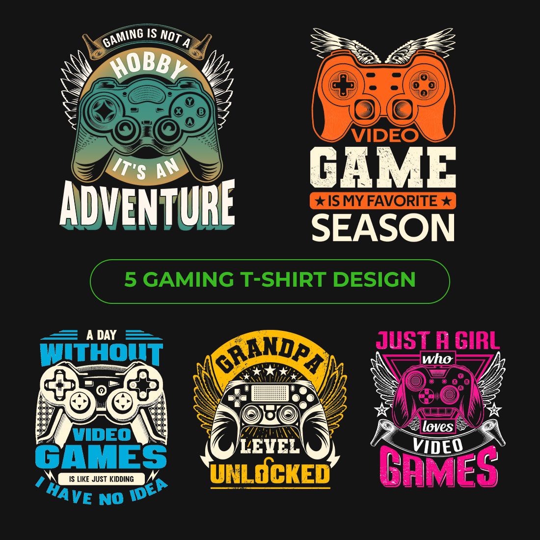 5 Video Gaming t-shirt design bundle preview image.