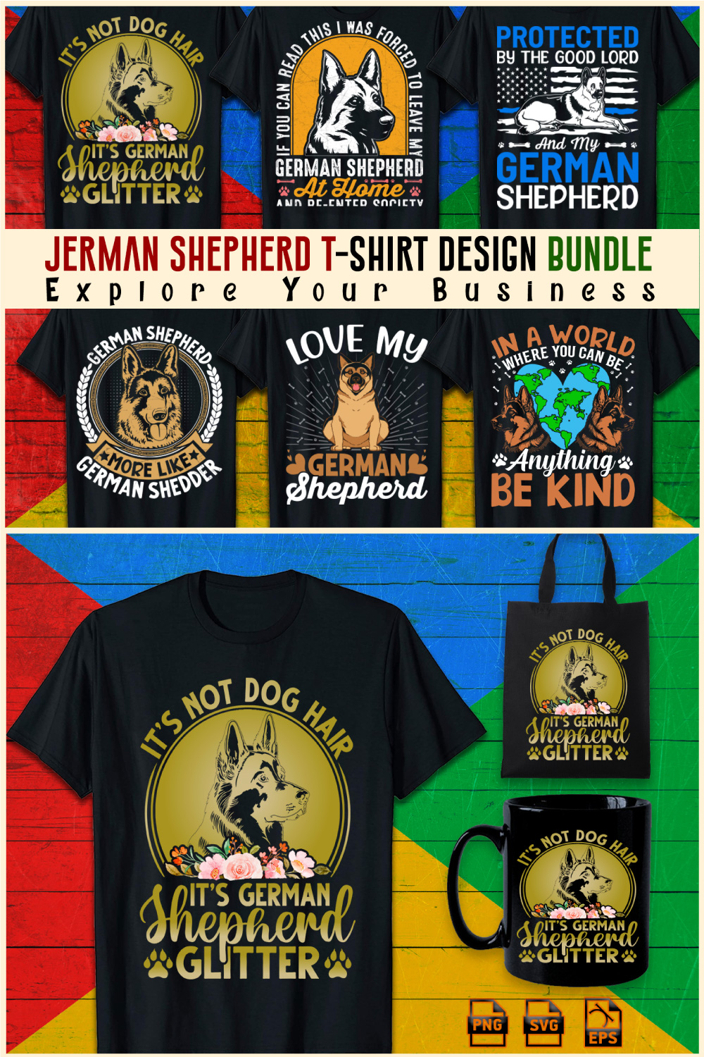 6 typography bundle German Shepherd t-shirt Design Vector Template pinterest preview image.