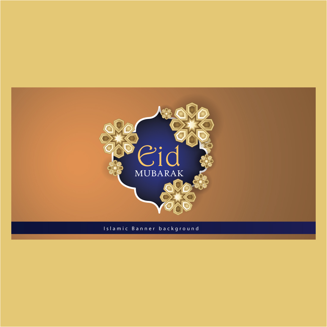 Eid mubarak greeting card with gold flowers.