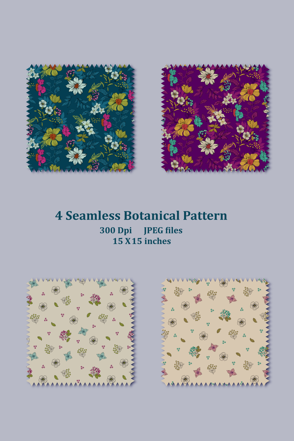 4 Seamless Botanical Patterns pinterest preview image.