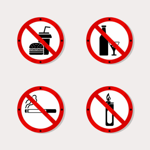 Warning no food, drink, smoking and lighter sign and symbol graphic vector illustration only $4 cover image.