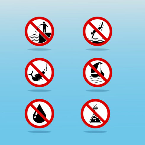 Warning for sea area, chemical and oil sign and symbol graphic design vector illustration only $4 cover image.