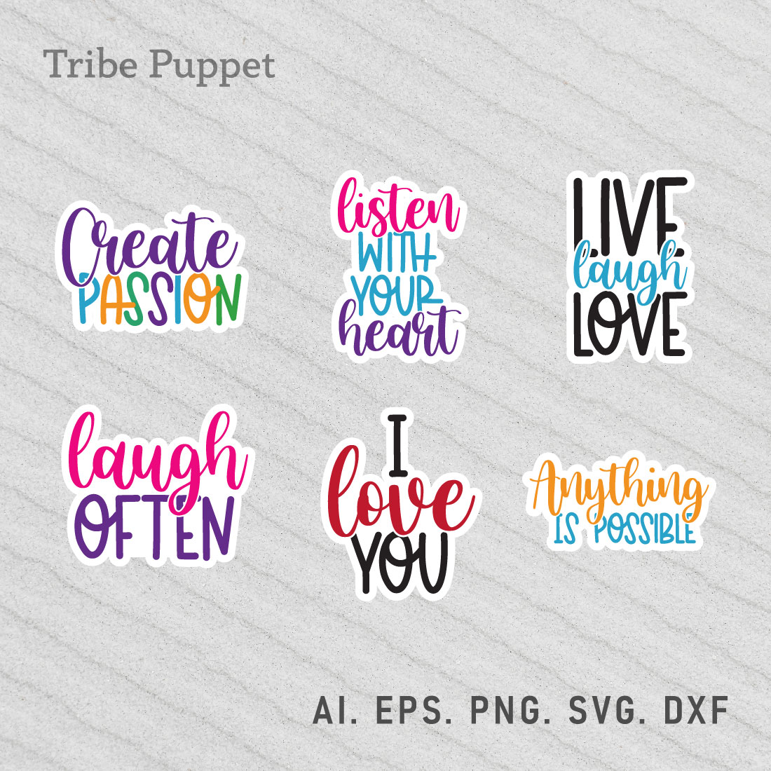 Set of six colorful stickers that say i love you.