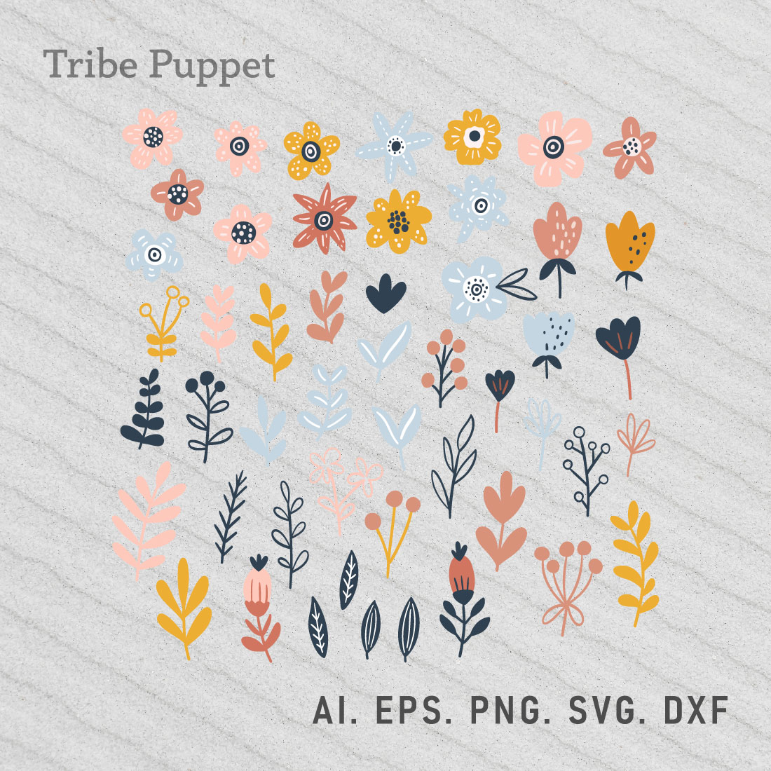 Collection of flowers and plants with the words tribe puppett.