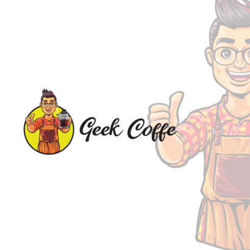 Geek Coffee- Barista Character Logo Design cover image.