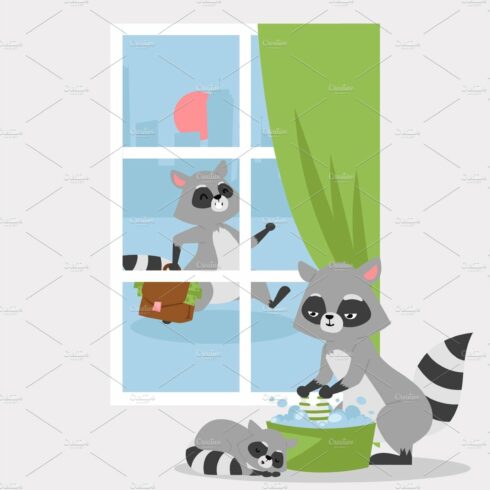 Raccon family poster, banner vector cover image.