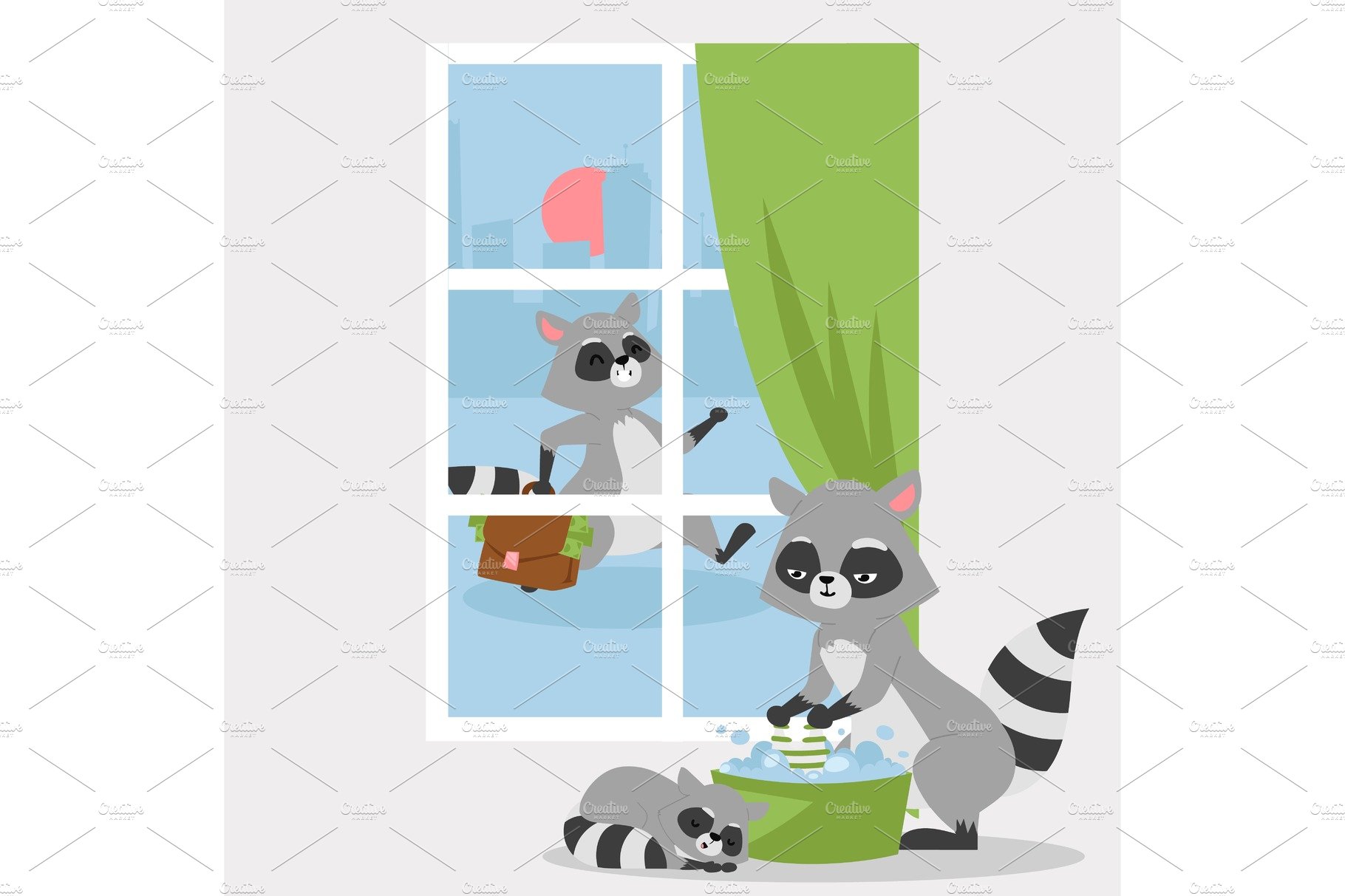Raccon family poster, banner vector cover image.