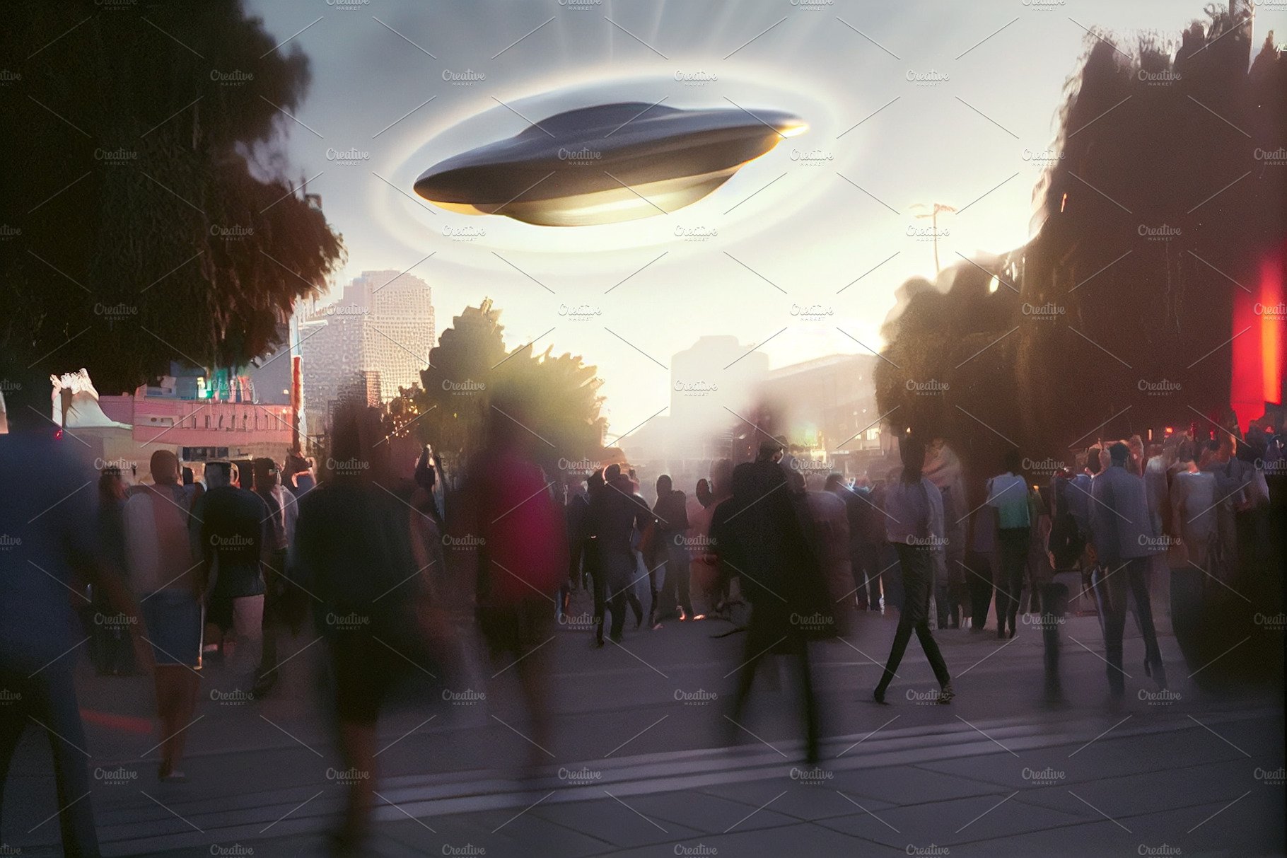 Spacecraft disc hovering over the city streets with people around. Paranorm... cover image.