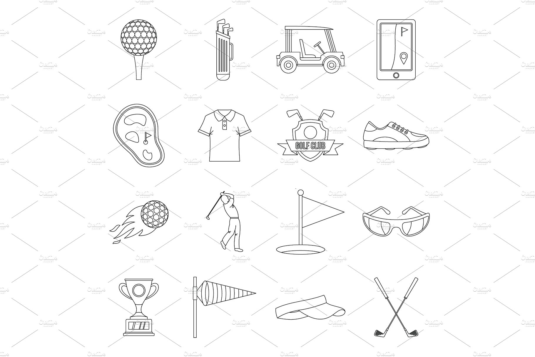 Golf items icons set, outline style cover image.
