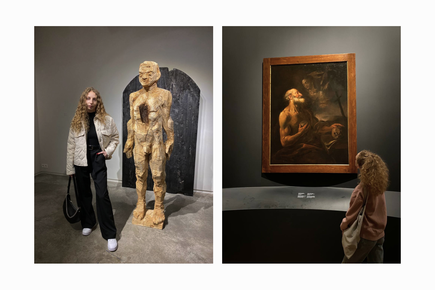 Photos of Valeria Vodyashina in the museum next to the sculpture and painting.