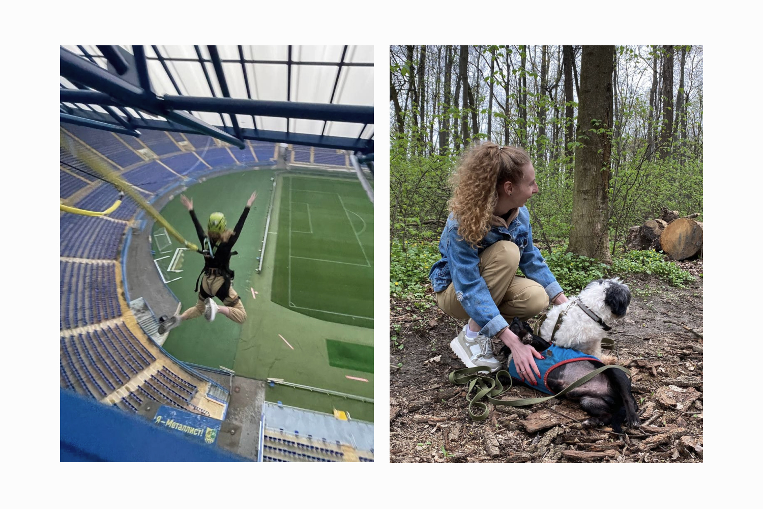 Photos of Valeria Vodyashina in a jump and with a dog in the forest.
