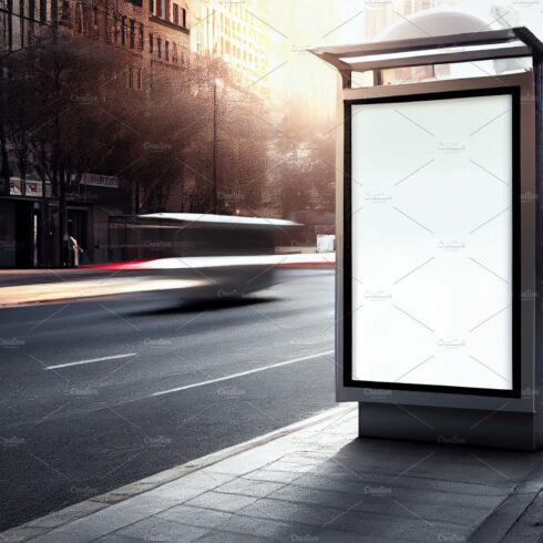 Billboard mockup at bus stop. Blank street billboard poster stand mock up i... cover image.