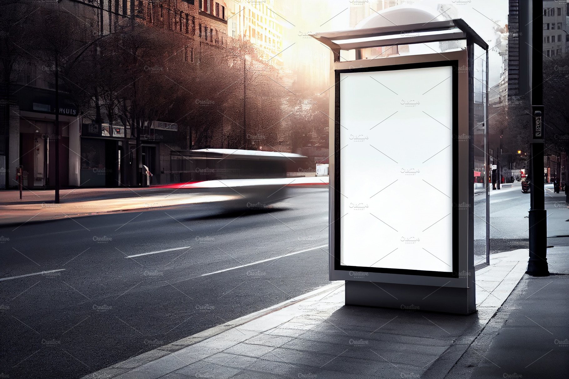 Billboard mockup at bus stop. Blank street billboard poster stand mock up i... cover image.