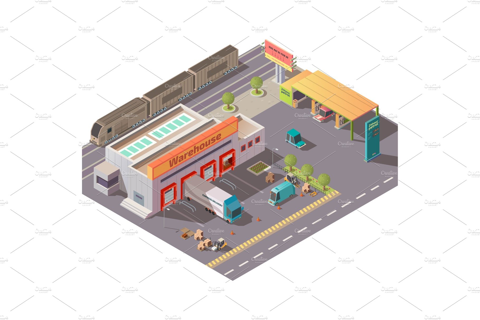 Isometric warehouse and petrol cover image.