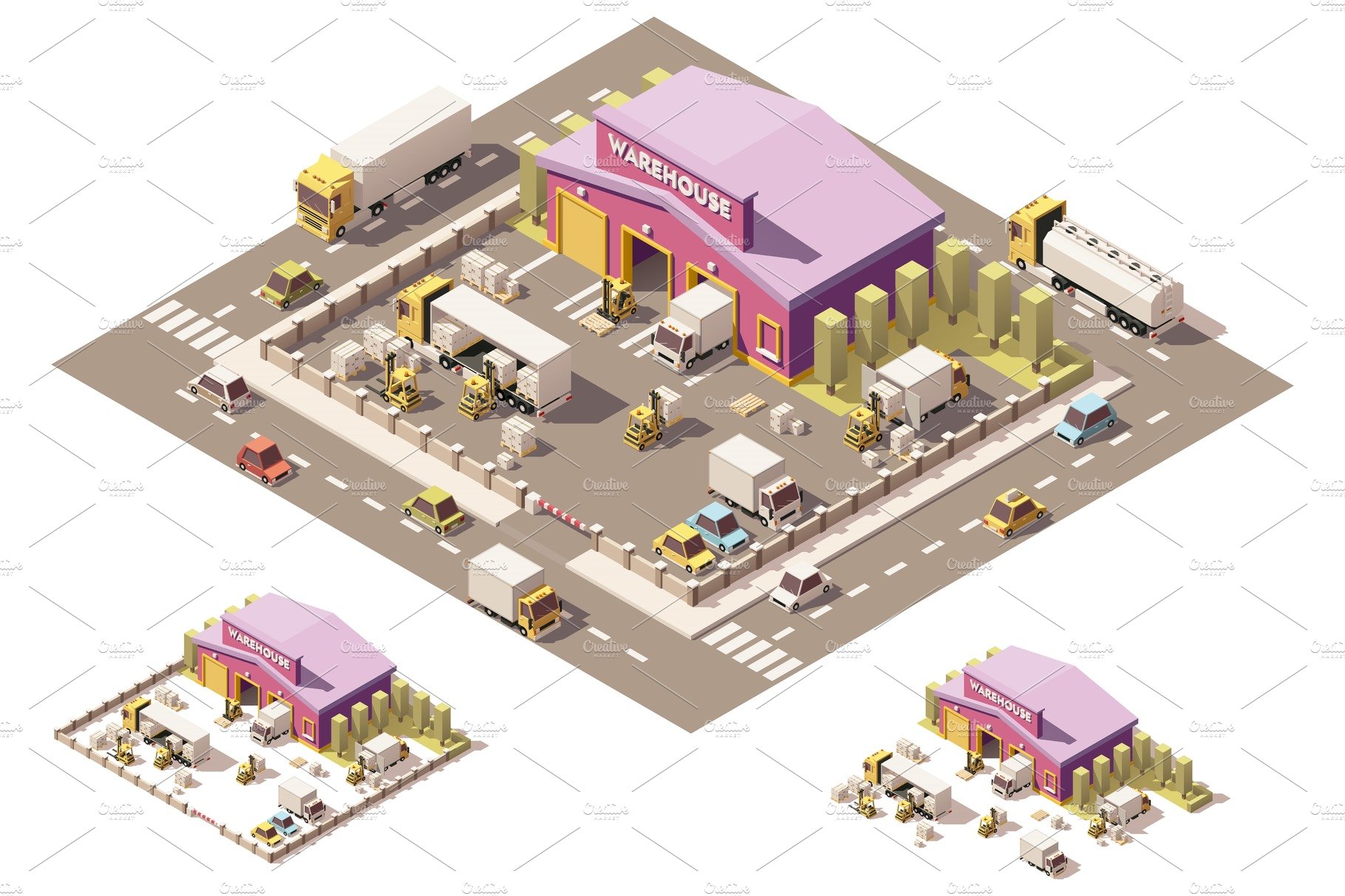 Vector isometric low poly warehouse building icon cover image.