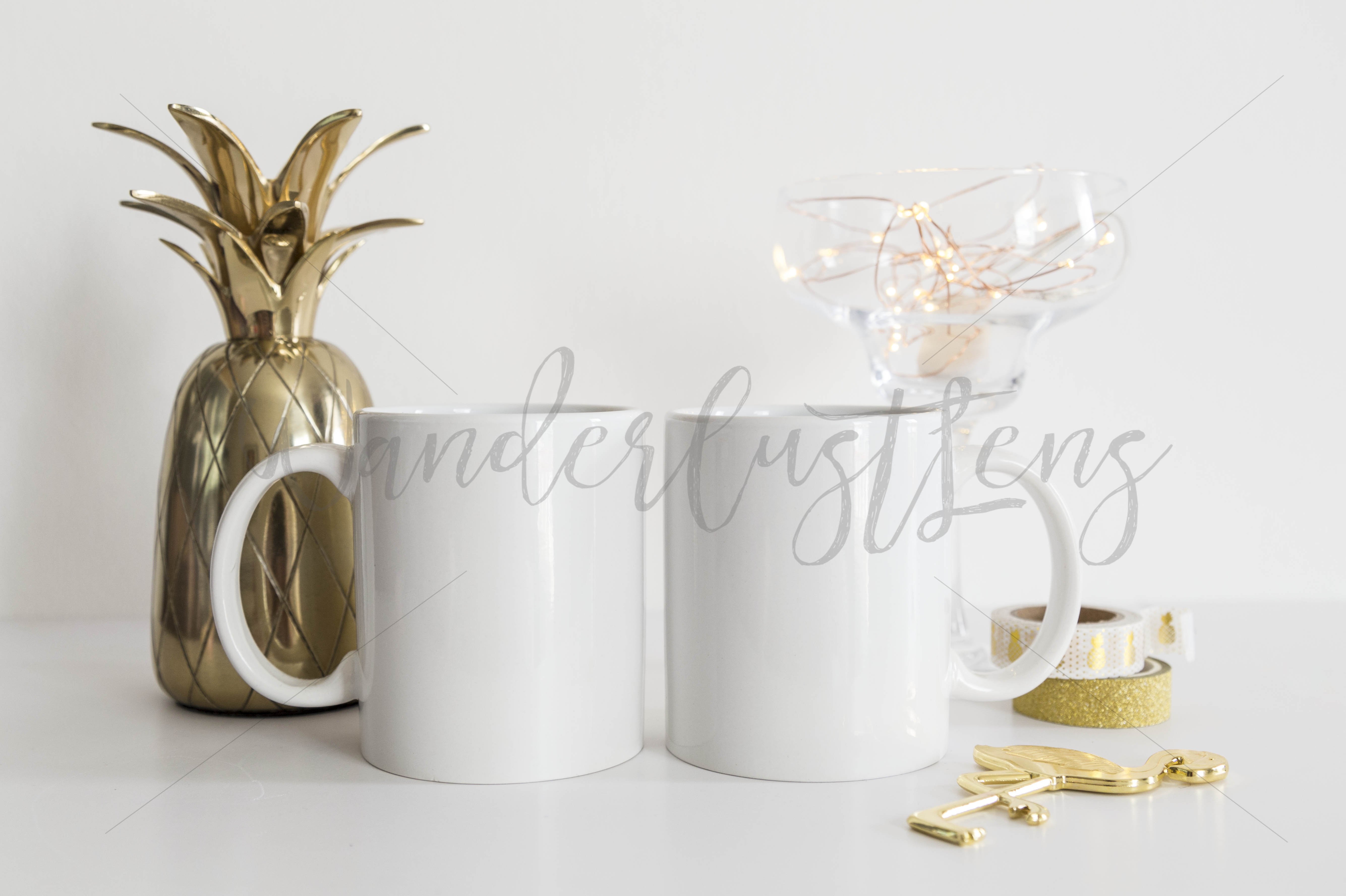 Gold pineapple 2 white mugs mockup preview image.