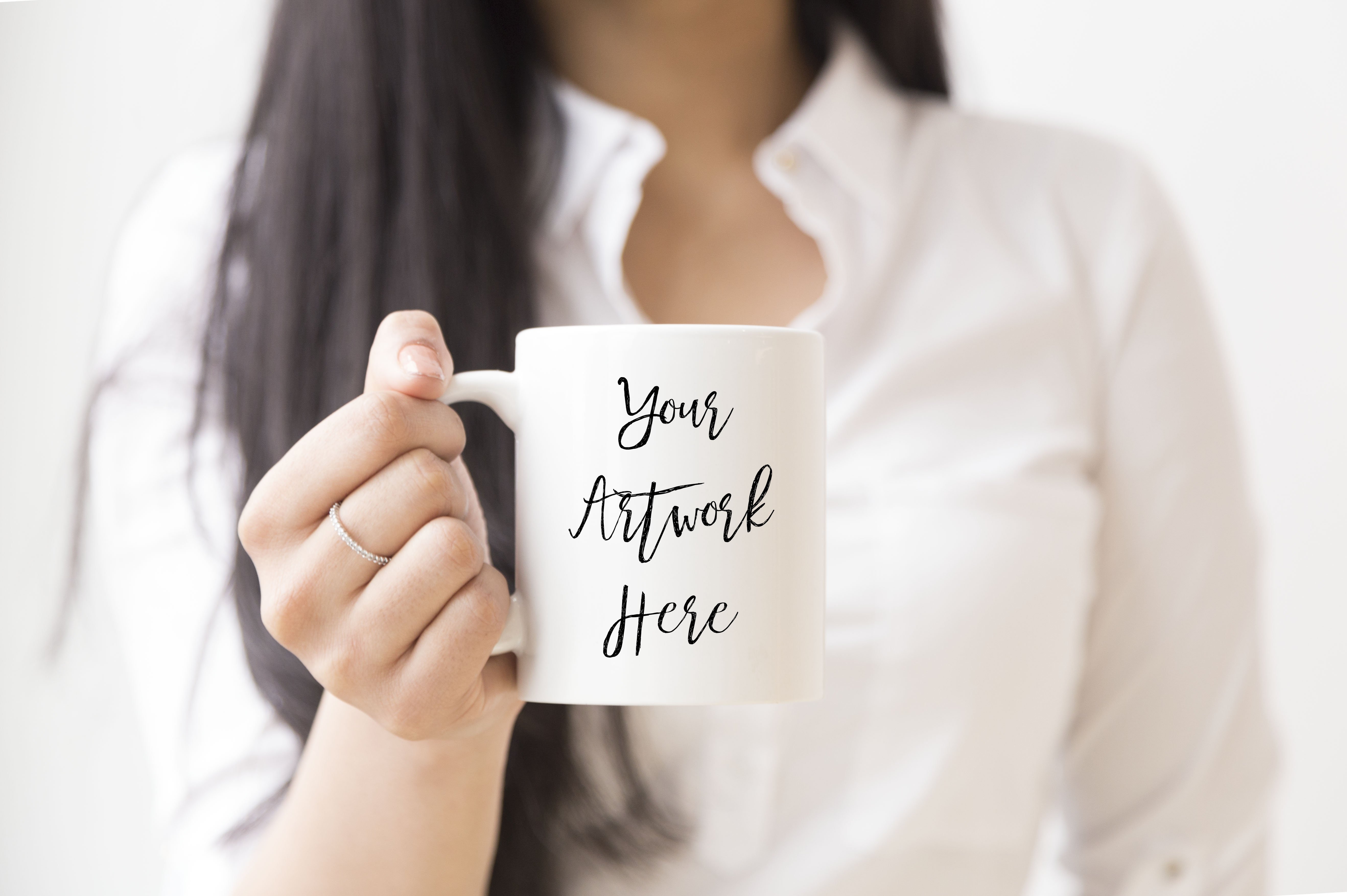 Woman holding white mug mockup cover image.