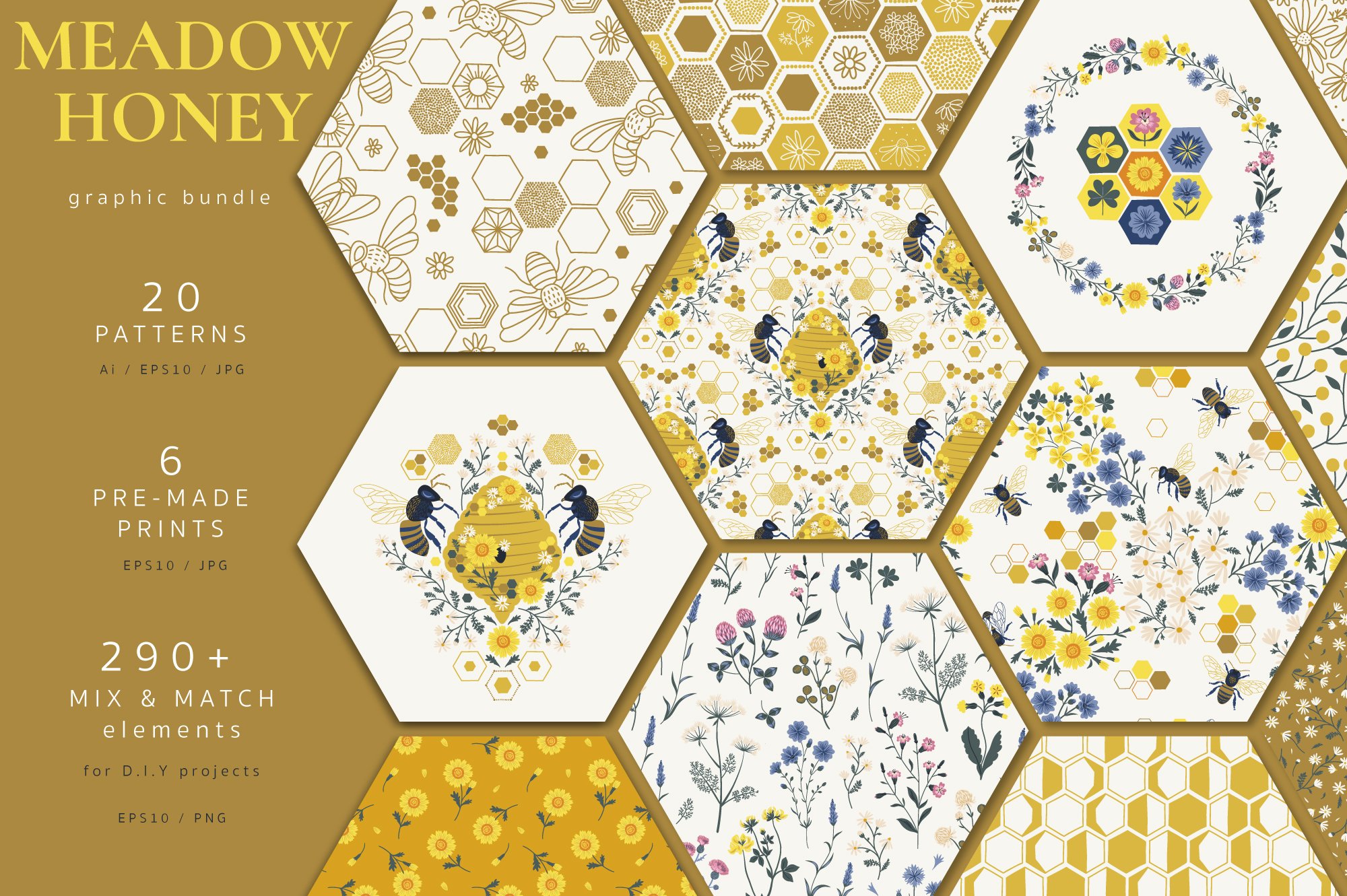Honey Floral Bee pattern clipart cover image.