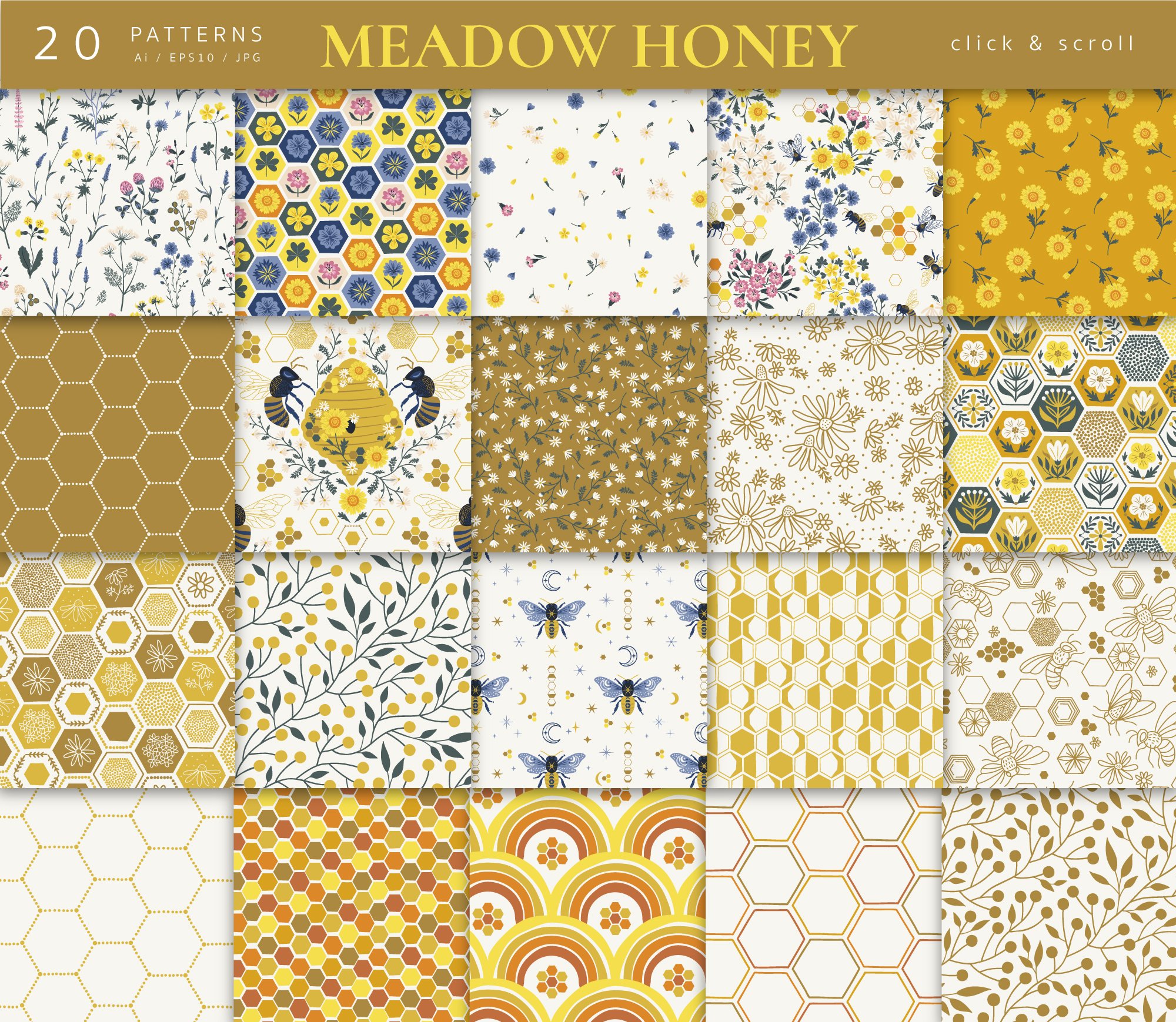 Honey Floral Bee pattern clipart preview image.