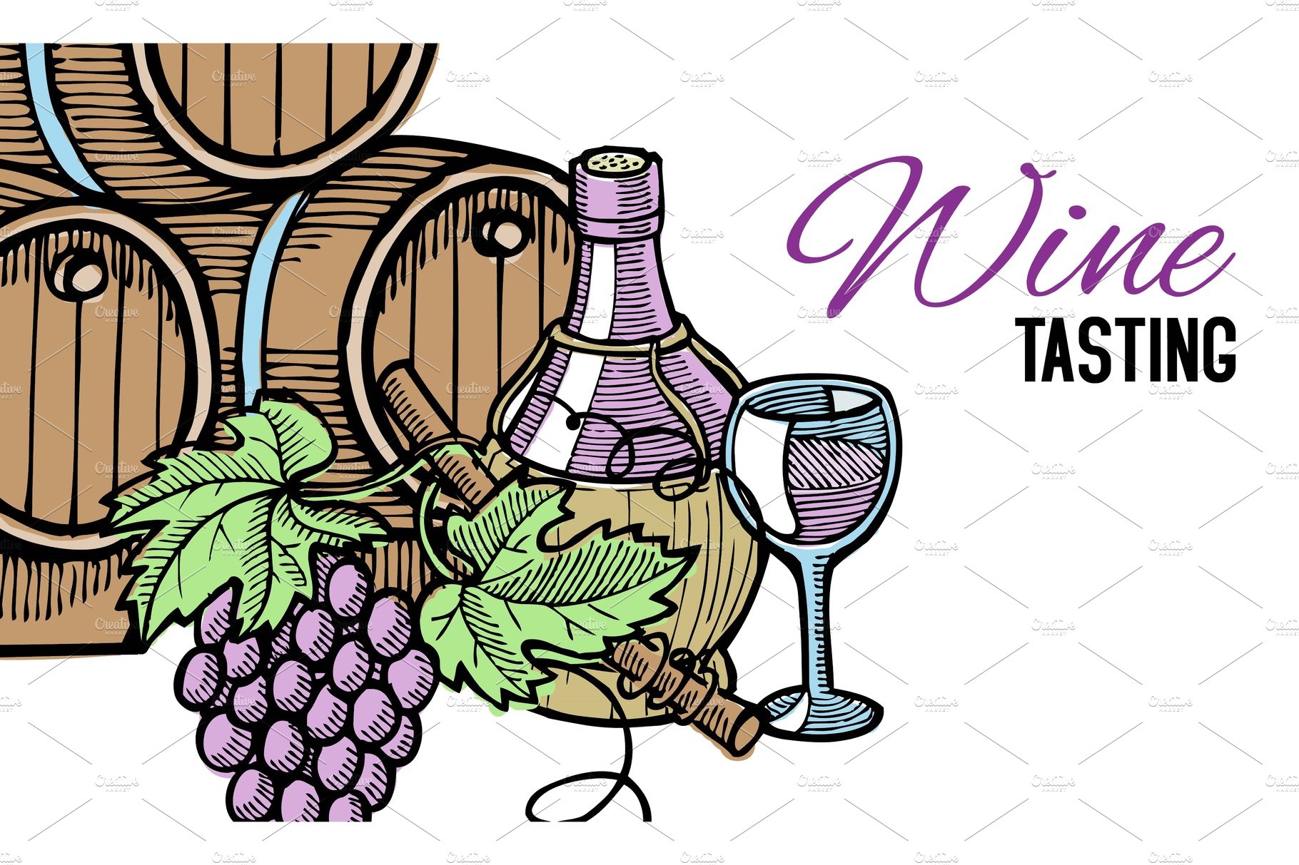 Wine barrel, hand drawn, with grape cover image.