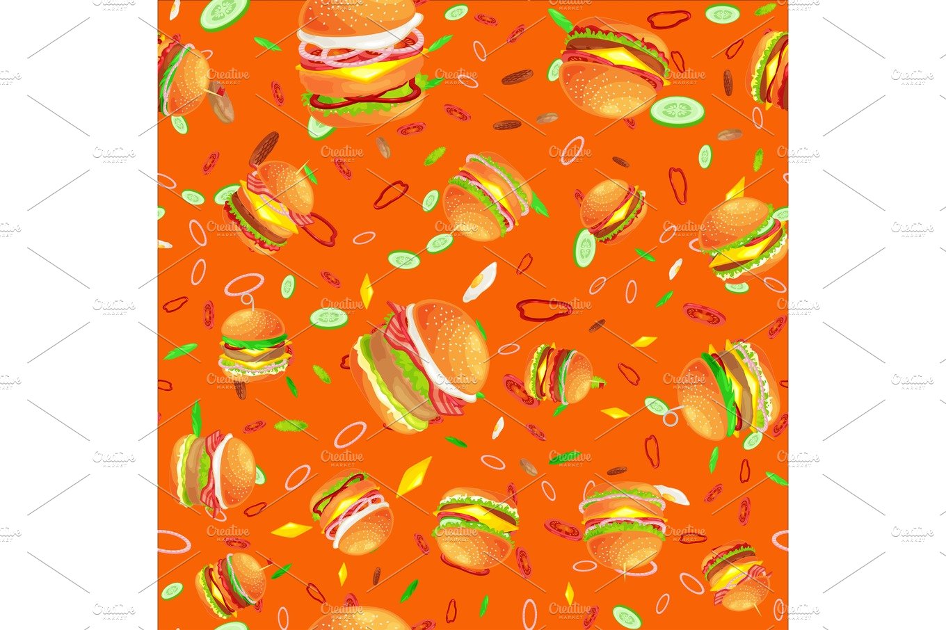 Seamless pattern tasty burger grilled beef and fresh vegetables dressed wit... cover image.