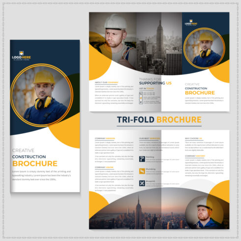 construction trifold brochure template and home renovation magazine cover image.