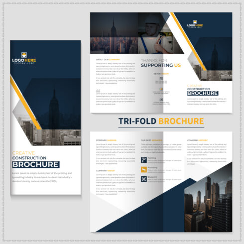 construction trifold brochure template and home renovation magazine cover image.