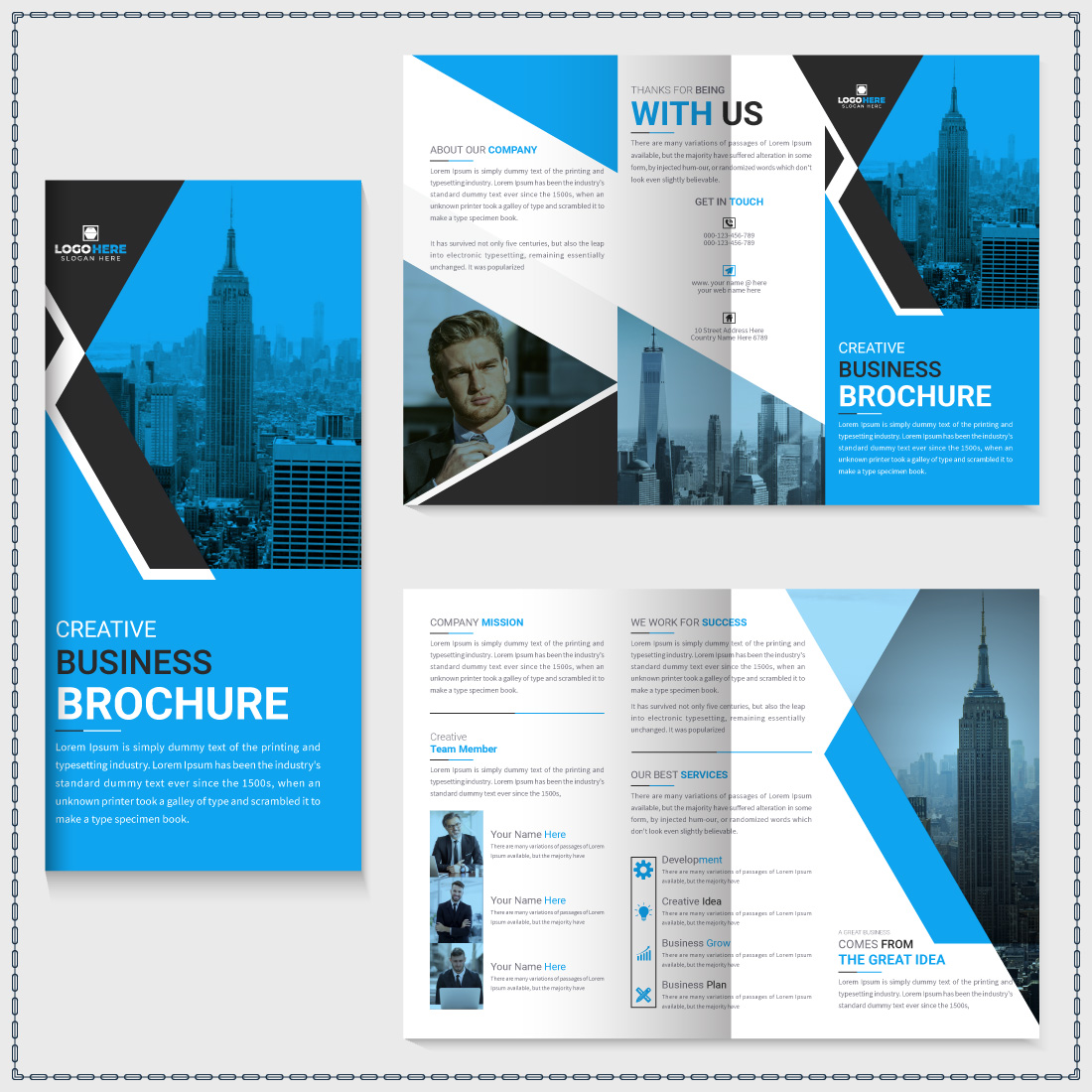 business trifold brochure or professional company profile template preview image.