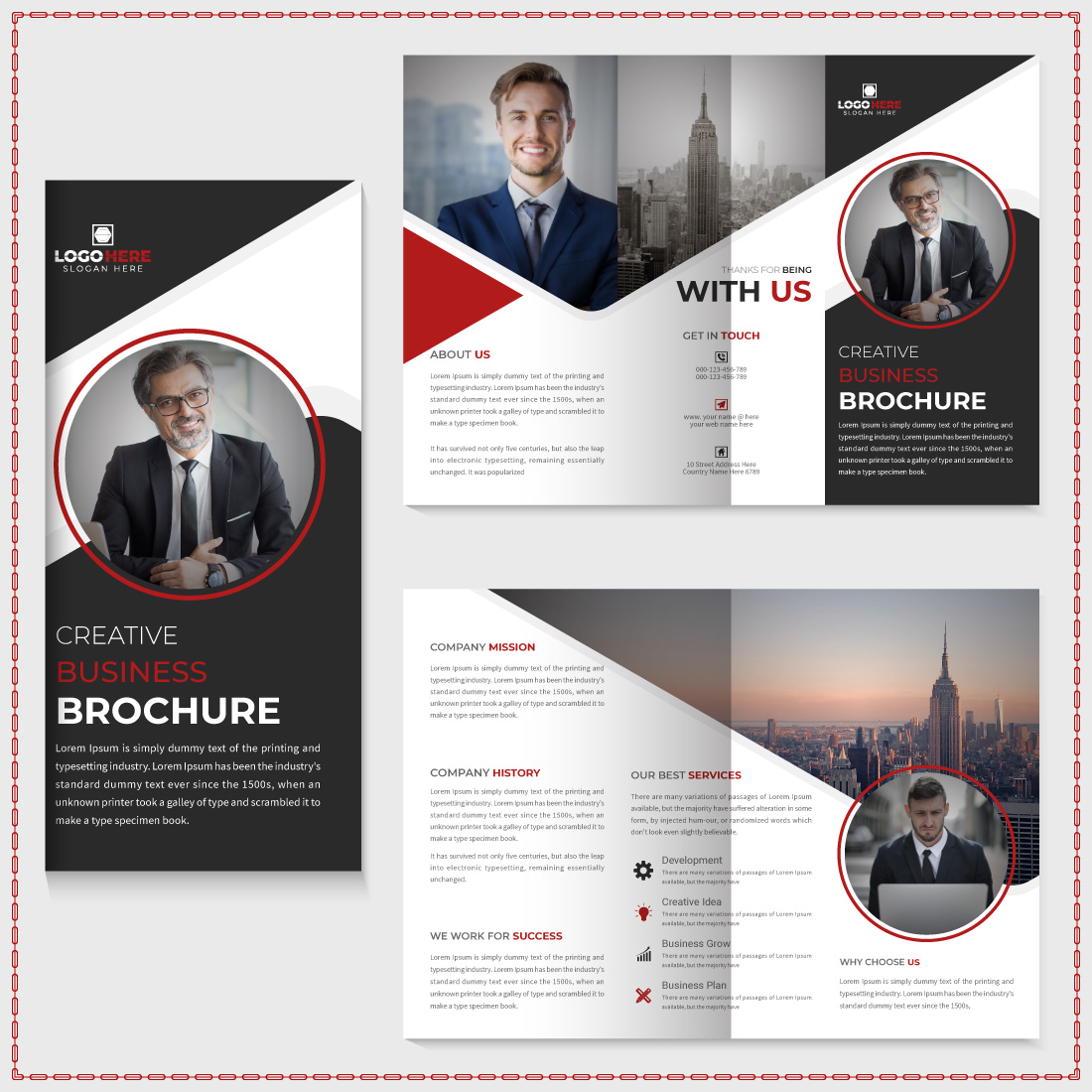 Brochure with a picture of a man in a suit.