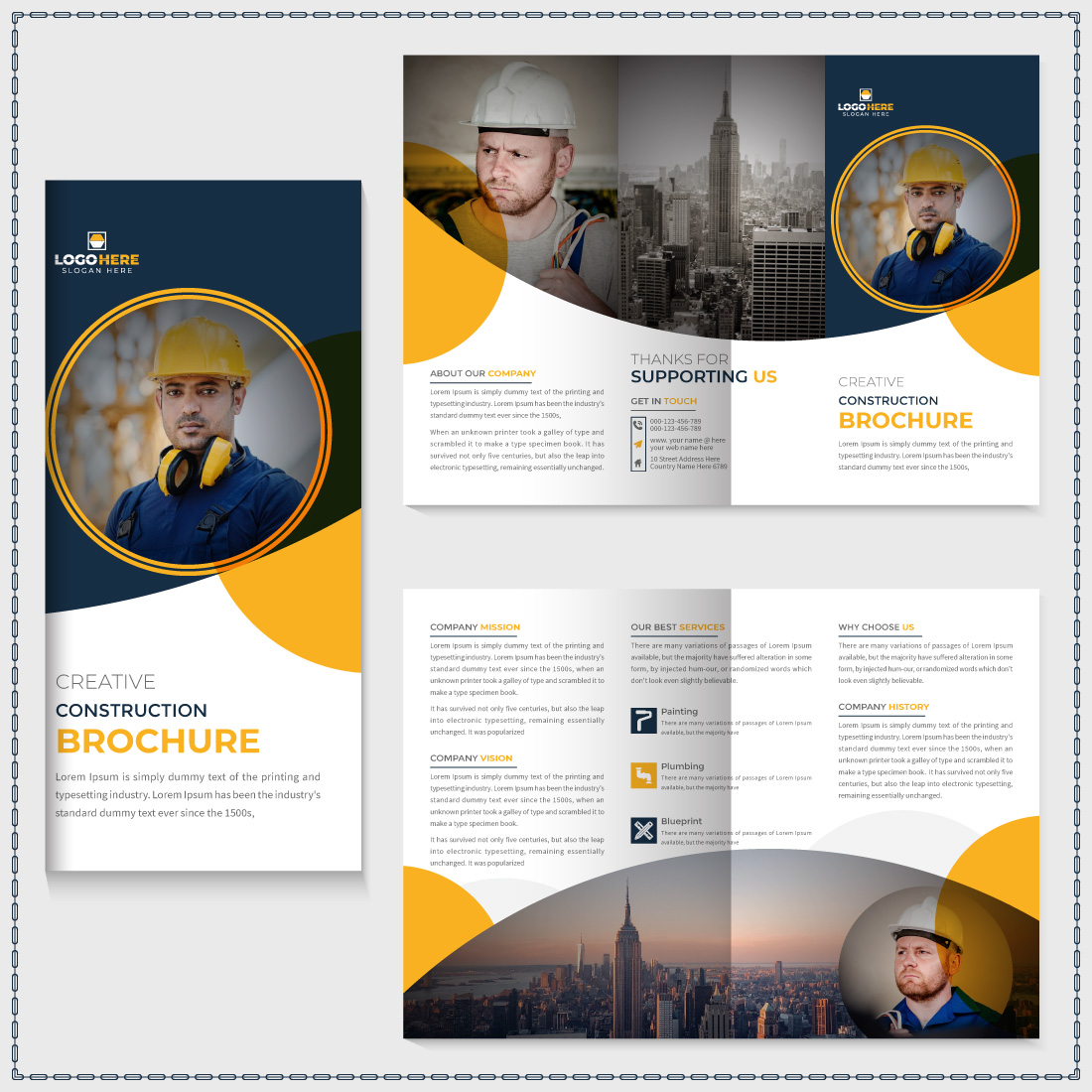 construction trifold brochure template and home renovation magazine preview image.