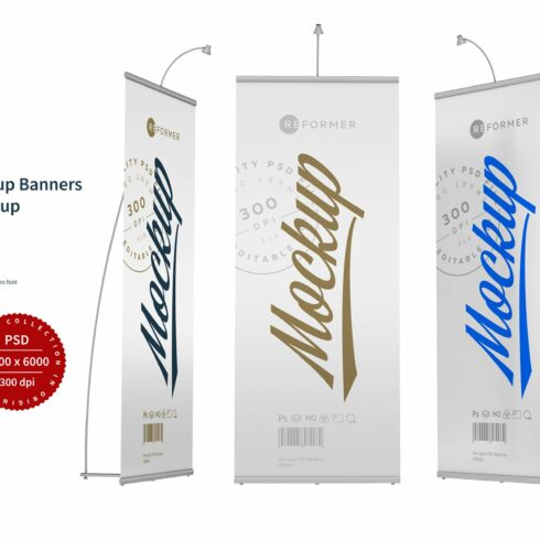 Three Roll-up Banners Stand Mockup cover image.