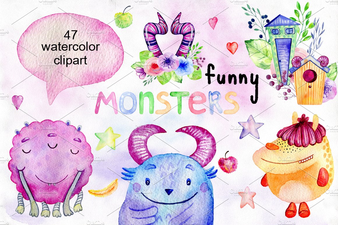 Watercolor funny monsters. cover image.