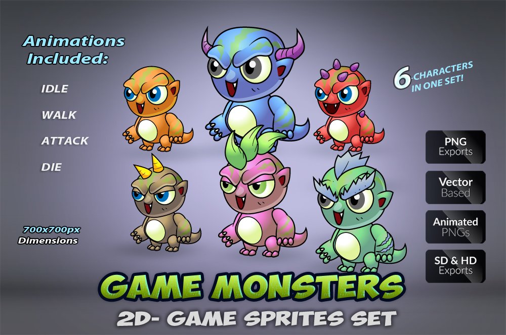 6 Monsters Game Sprites Set cover image.