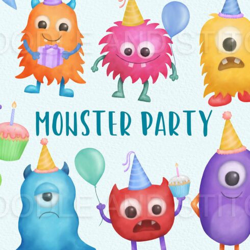 Monster Party Watercolor Clipart cover image.