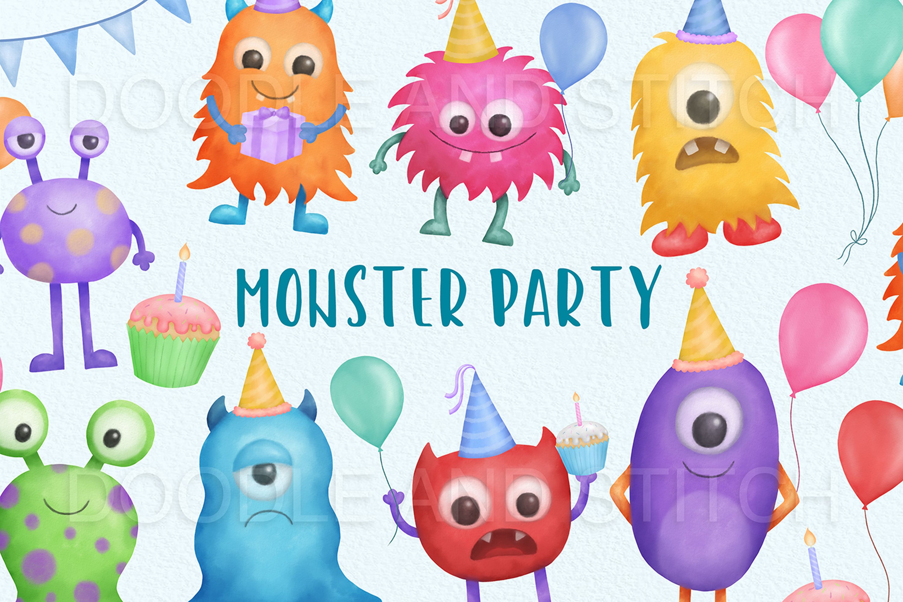 Monster Party Watercolor Clipart cover image.