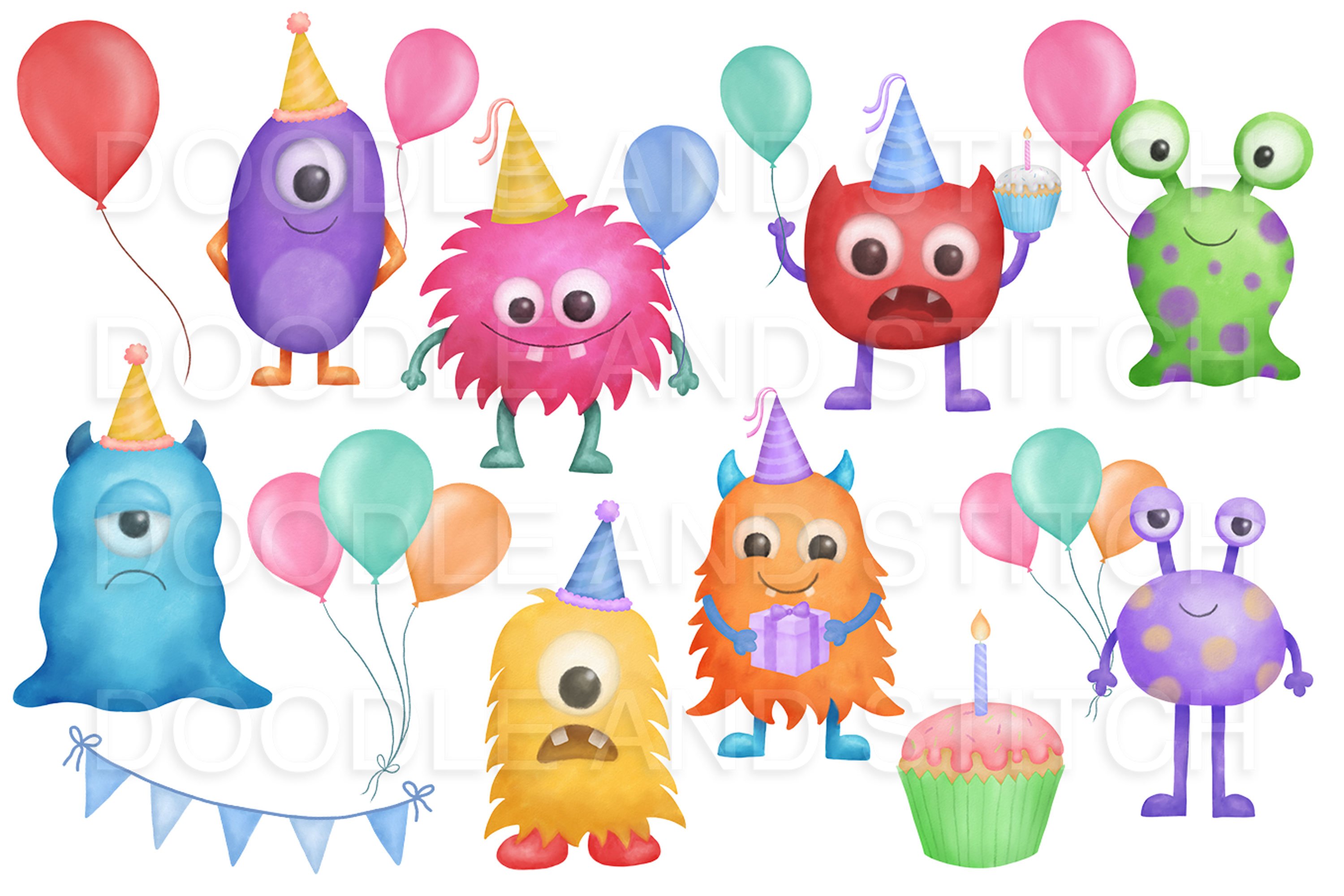 Monster Party Watercolor Clipart preview image.