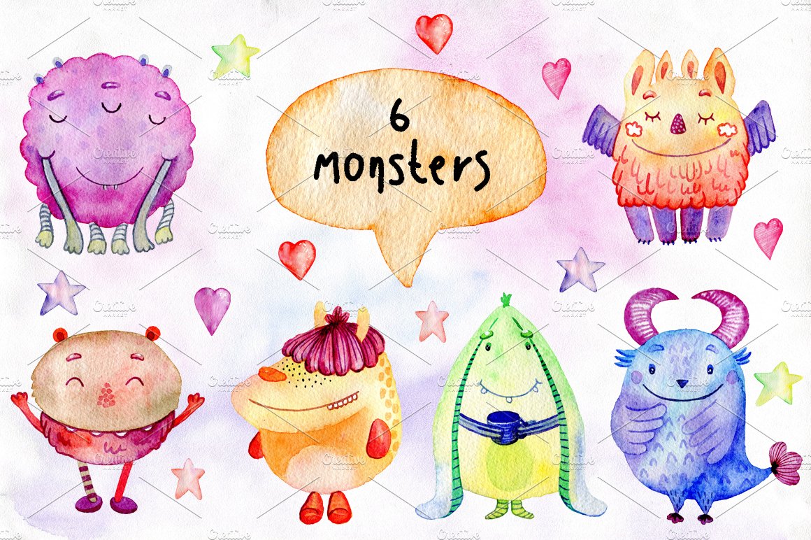 Watercolor funny monsters. preview image.