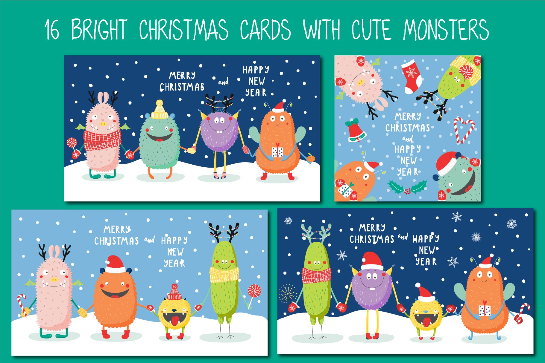 Cute Monsters Christmas Cards preview image.